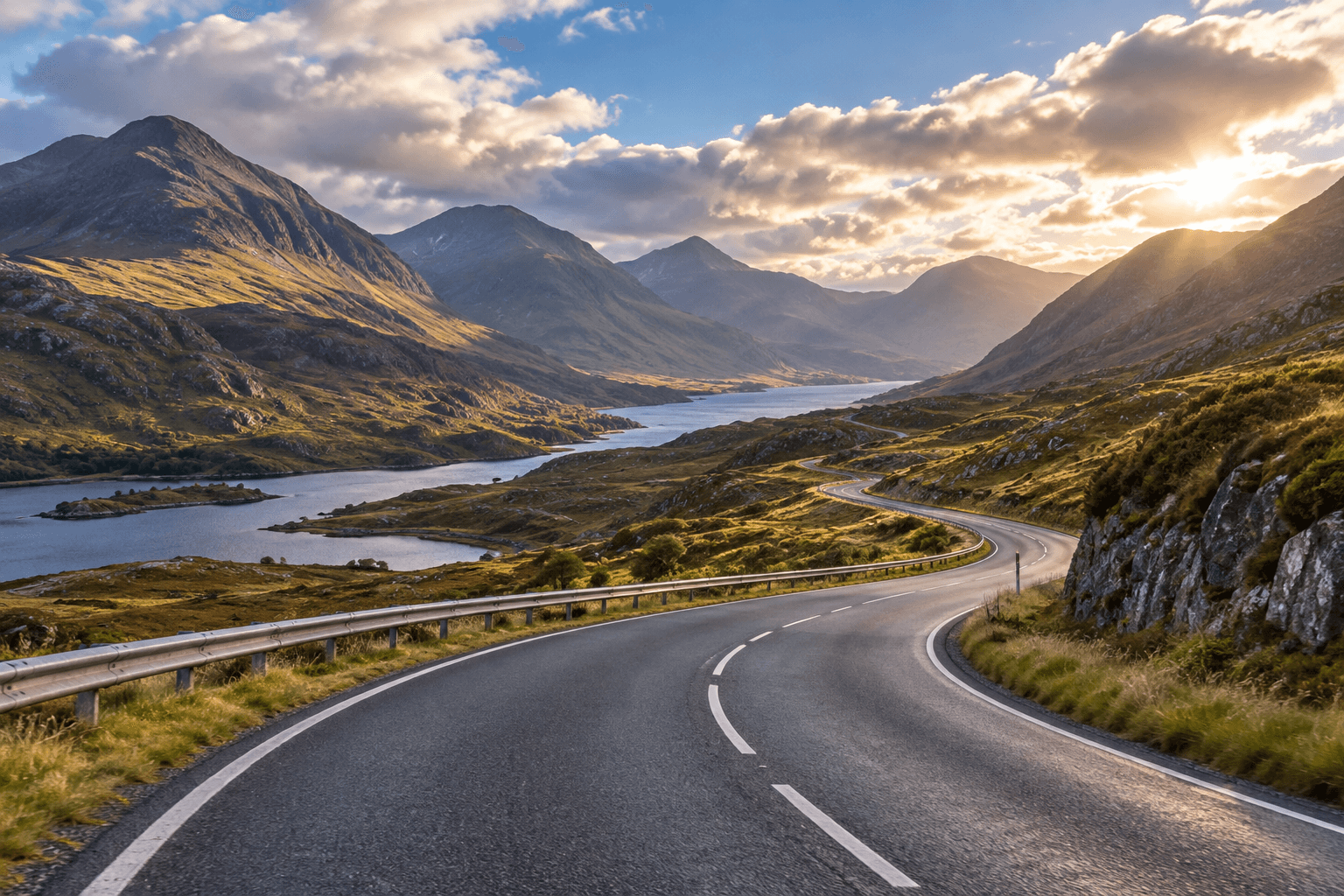 Scottish highland road stretching into the distance under a dramatic sky