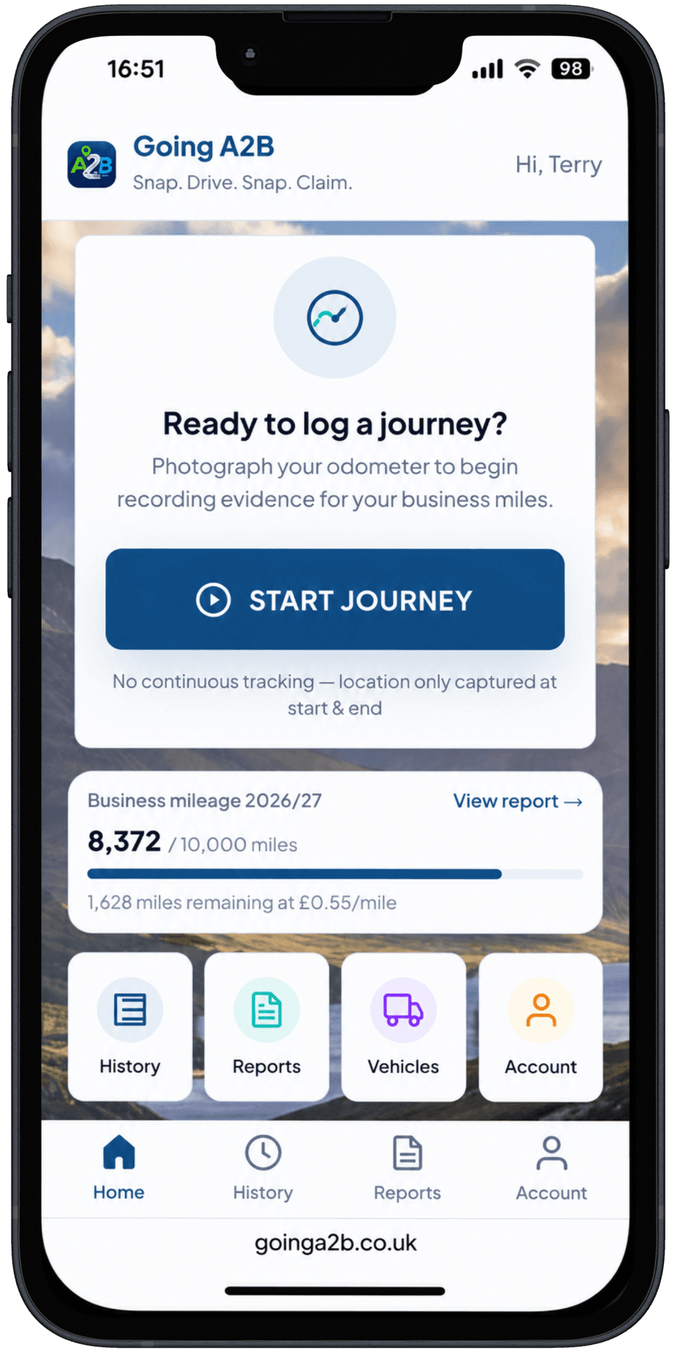 Going A2B business mileage tracker home screen