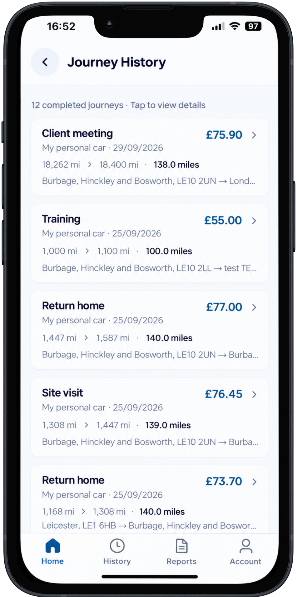 Going A2B business journey history and mileage records
