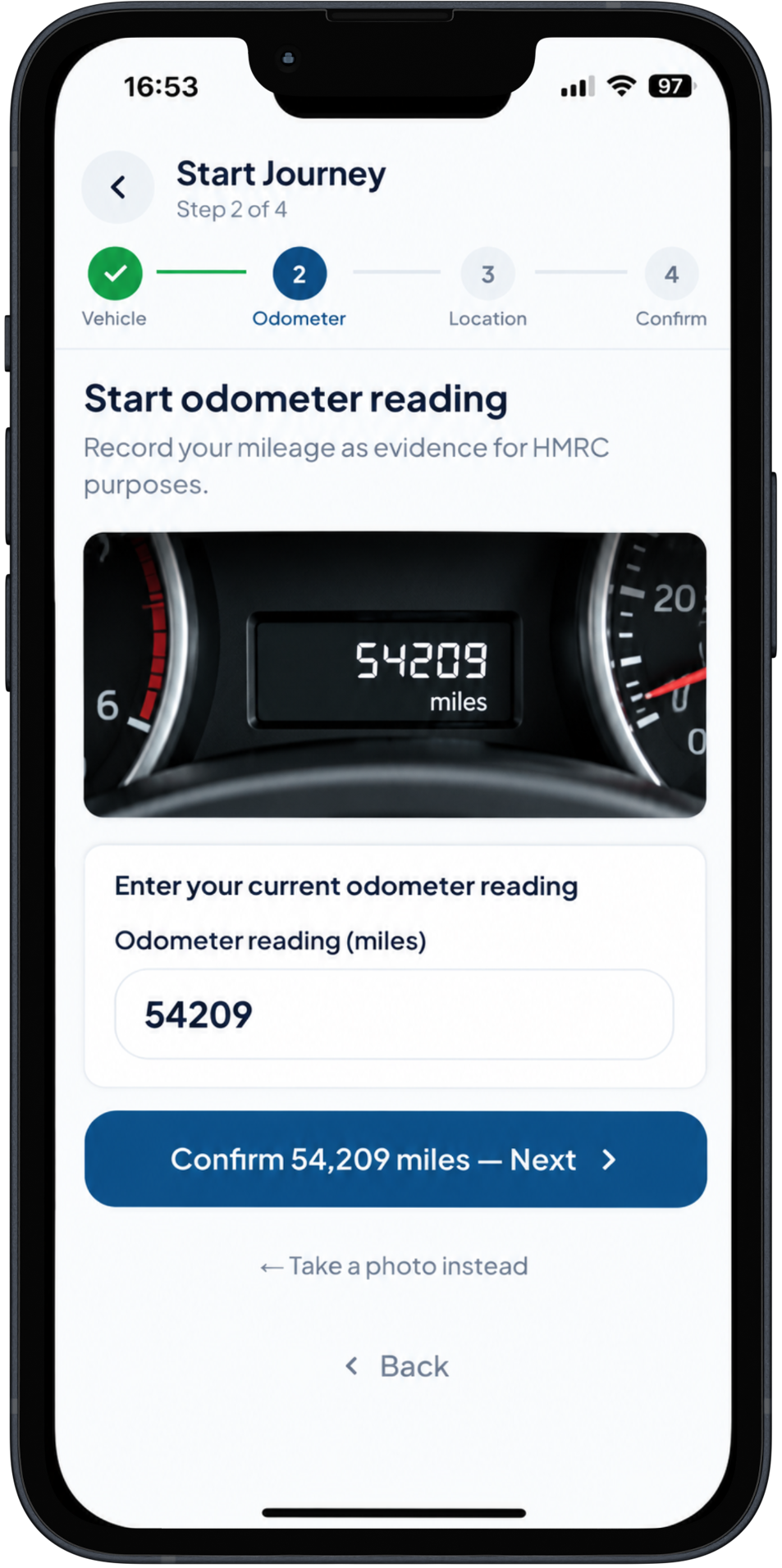 Going A2B odometer mileage recording screen
